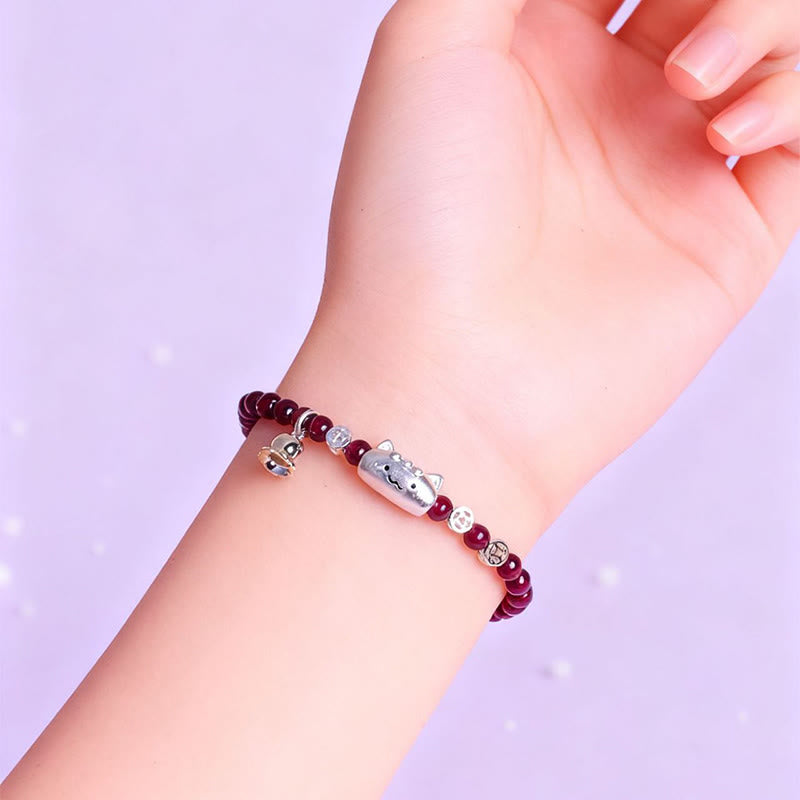 Pulsera de cuentas de granate con cabeza de gato natural de plata de ley 999 con Buddha Stones - image 5