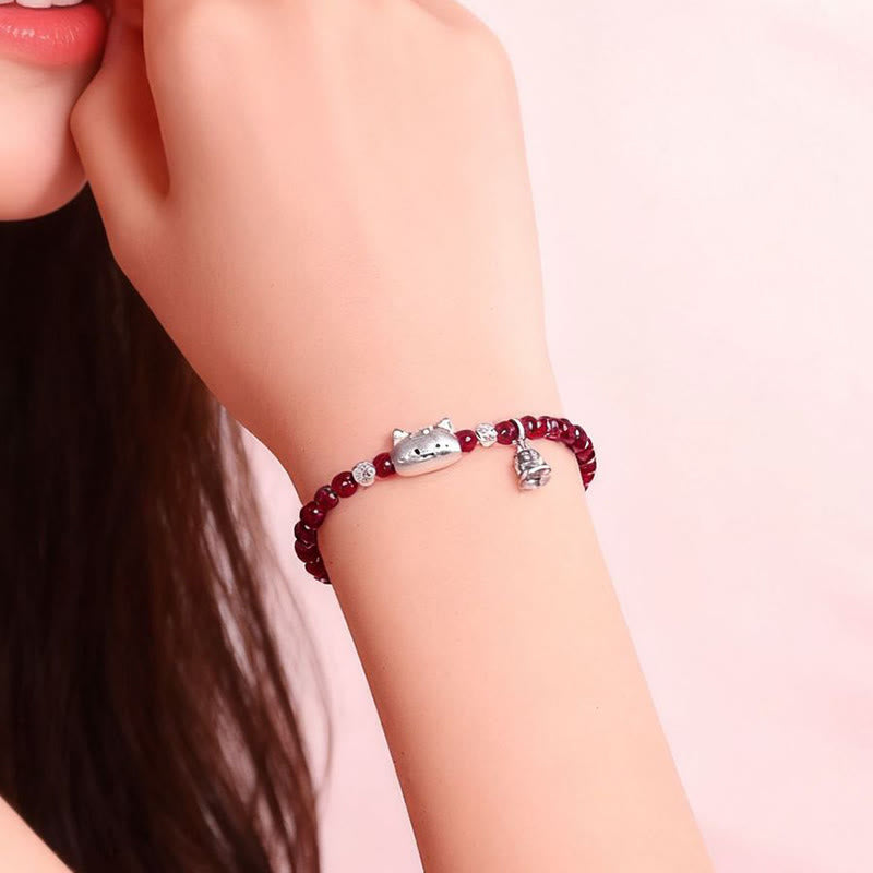 Pulsera de cuentas de granate con cabeza de gato natural de plata de ley 999 con Buddha Stones - image 7