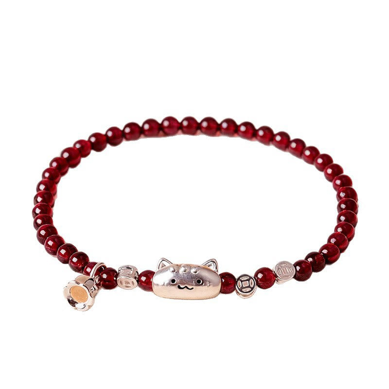 Pulsera de cuentas de granate con cabeza de gato natural de plata de ley 999 con Buddha Stones - image 4