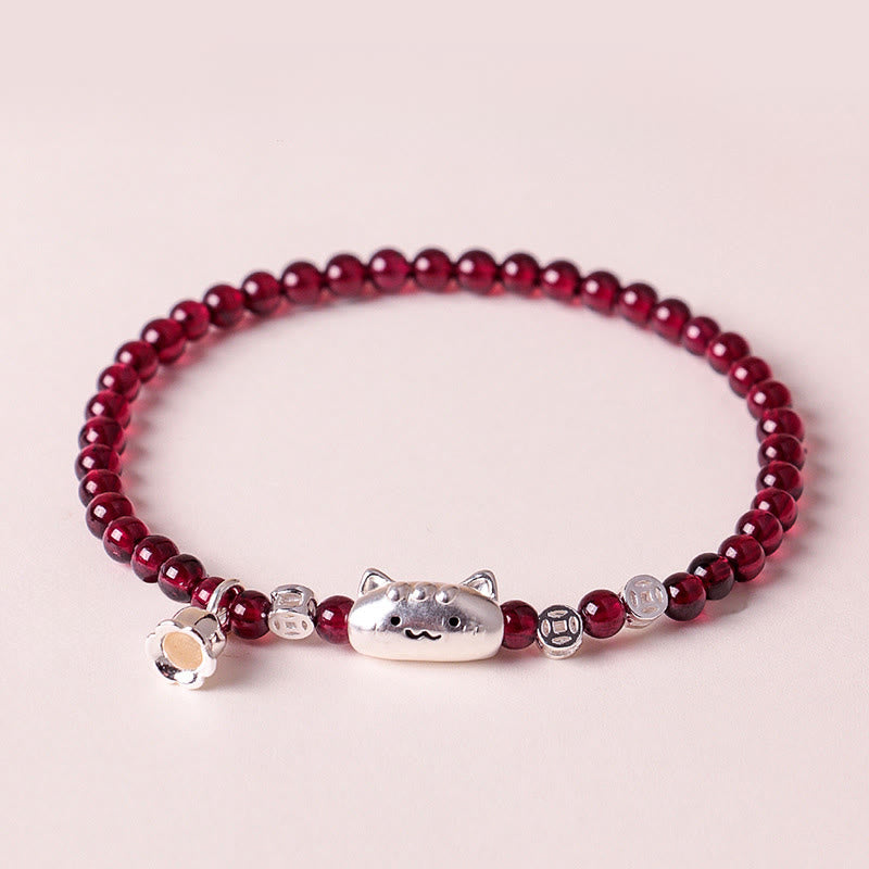 Pulsera de cuentas de granate con cabeza de gato natural de plata de ley 999 con Buddha Stones - image 1