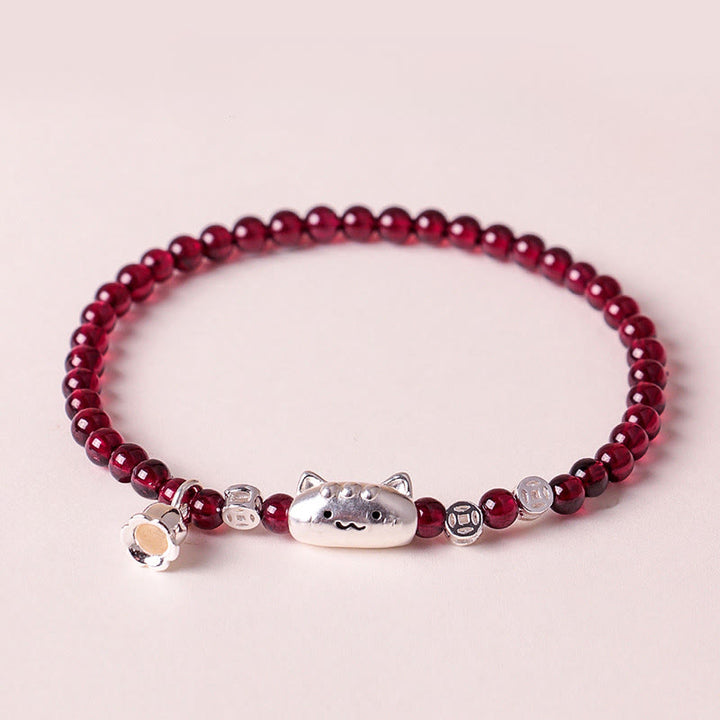 Pulsera de cuentas de granate con cabeza de gato natural de plata de ley 999 con Buddha Stones - image 1