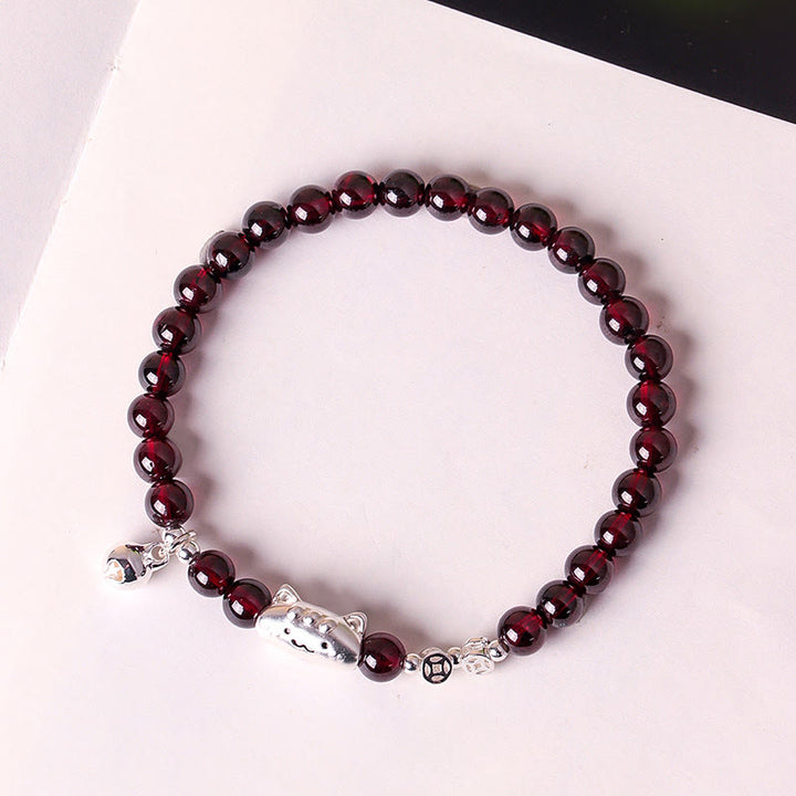 Pulsera de cuentas de granate con cabeza de gato natural de plata de ley 999 con Buddha Stones - image 15