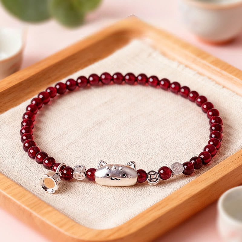 Pulsera de cuentas de granate con cabeza de gato natural de plata de ley 999 con Buddha Stones - Granate de 4 mm (circunferencia de la muñeca: 13-15 cm) - image 0