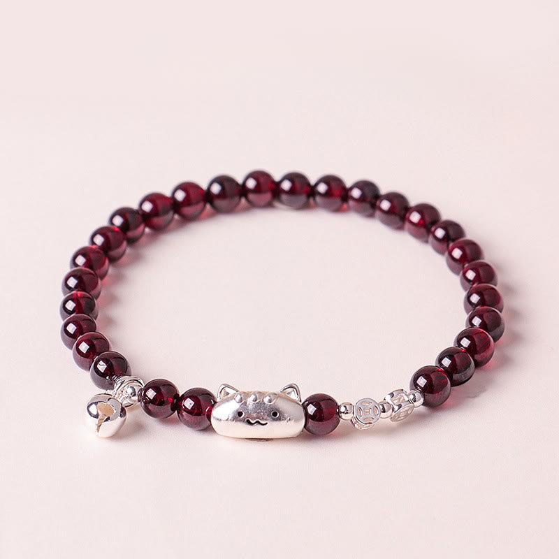 Pulsera de cuentas de granate con cabeza de gato natural de plata de ley 999 con Buddha Stones - Granate de 6 mm (circunferencia de la muñeca: 13-15 cm) - image 13