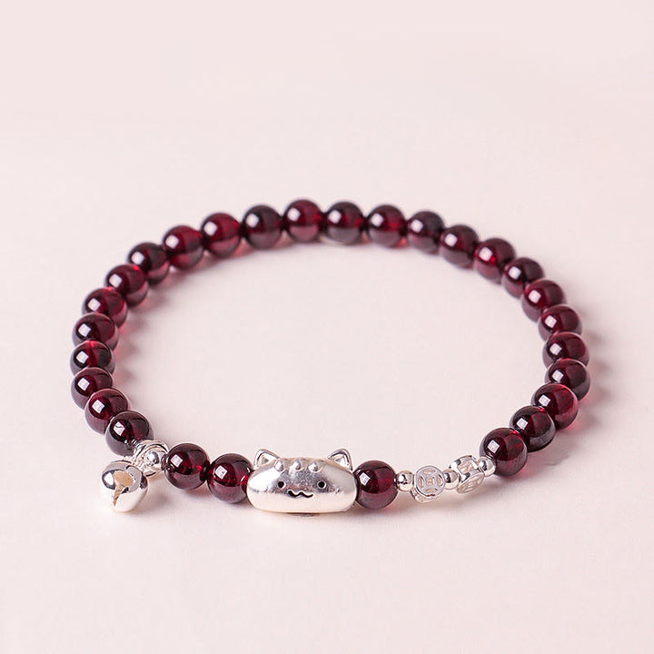 Pulsera de cuentas de granate con cabeza de gato natural de plata de ley 999 con Buddha Stones - Granate de 6 mm (circunferencia de la muñeca: 13-15 cm) - image 13