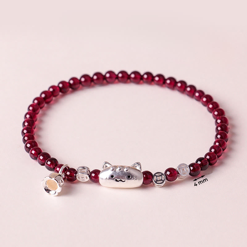 Pulsera de cuentas de granate con cabeza de gato natural de plata de ley 999 con Buddha Stones - image 3