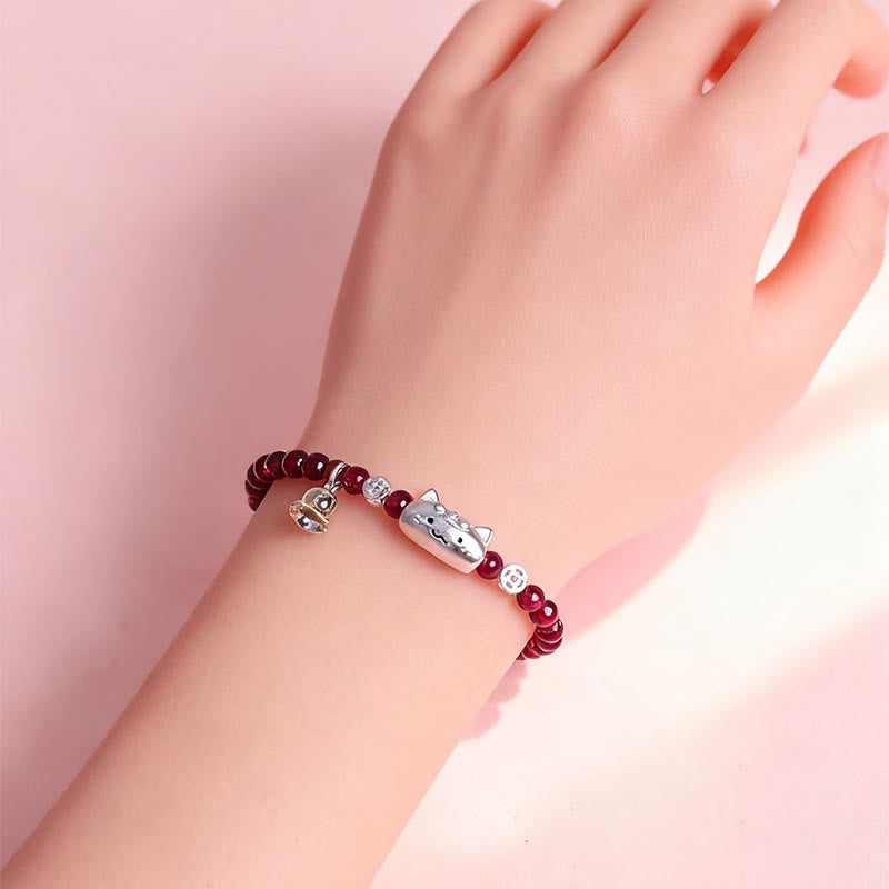 Pulsera de cuentas de granate con cabeza de gato natural de plata de ley 999 con Buddha Stones - image 6