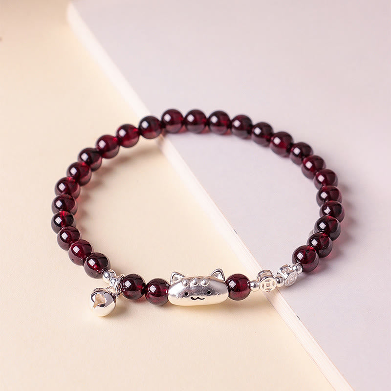 Pulsera de cuentas de granate con cabeza de gato natural de plata de ley 999 con Buddha Stones - image 16