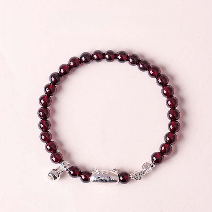 Pulsera de cuentas de granate con cabeza de gato natural de plata de ley 999 con Buddha Stones - image 14
