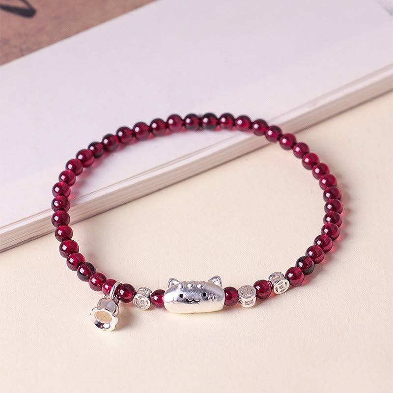 Pulsera de cuentas de granate con cabeza de gato natural de plata de ley 999 con Buddha Stones - image 2