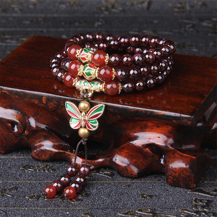 Pulsera multicapa de Buddha Stones con granate natural, ágata roja y mariposa colorida que purifica la calma. - Granate y ágata roja (circunferencia de la muñeca: 14-18 cm) - image 0