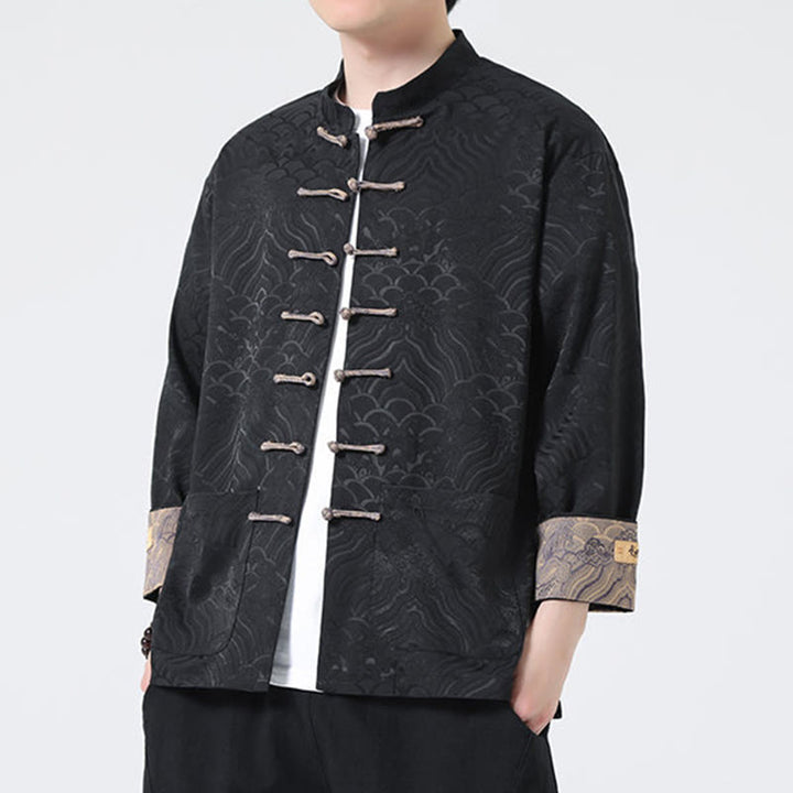 Chaqueta de algodón de manga larga para hombre con diseño de ondas de montaña y botones de Buddha Stones, con bolsillos - image 16