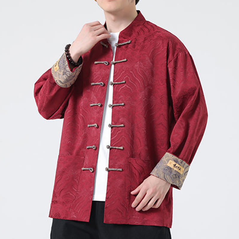 Chaqueta de algodón de manga larga para hombre con diseño de ondas de montaña y botones de Buddha Stones, con bolsillos - image 6