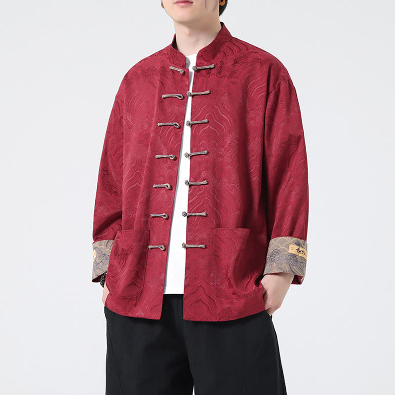 Chaqueta de algodón de manga larga para hombre con diseño de ondas de montaña y botones de Buddha Stones, con bolsillos - Carmesí - US/UK/AU46, EU56 (5XL) - image 0