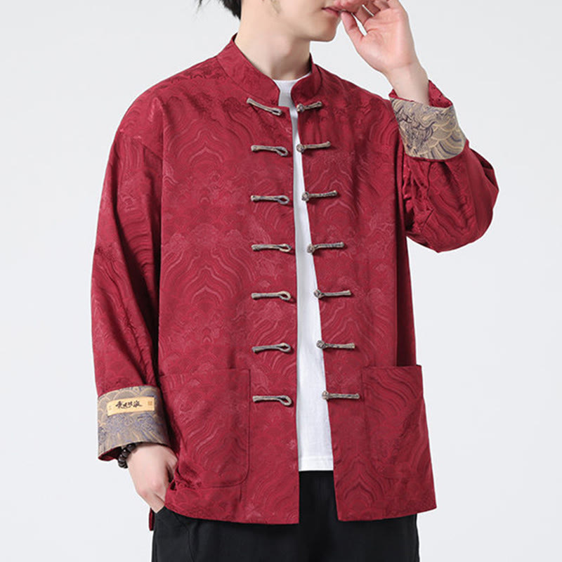 Chaqueta de algodón de manga larga para hombre con diseño de ondas de montaña y botones de Buddha Stones, con bolsillos - image 5