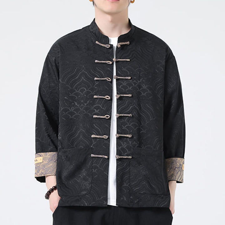 Chaqueta de algodón de manga larga para hombre con diseño de ondas de montaña y botones de Buddha Stones, con bolsillos - image 14