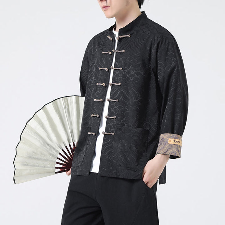 Chaqueta de algodón de manga larga para hombre con diseño de ondas de montaña y botones de Buddha Stones, con bolsillos - image 12