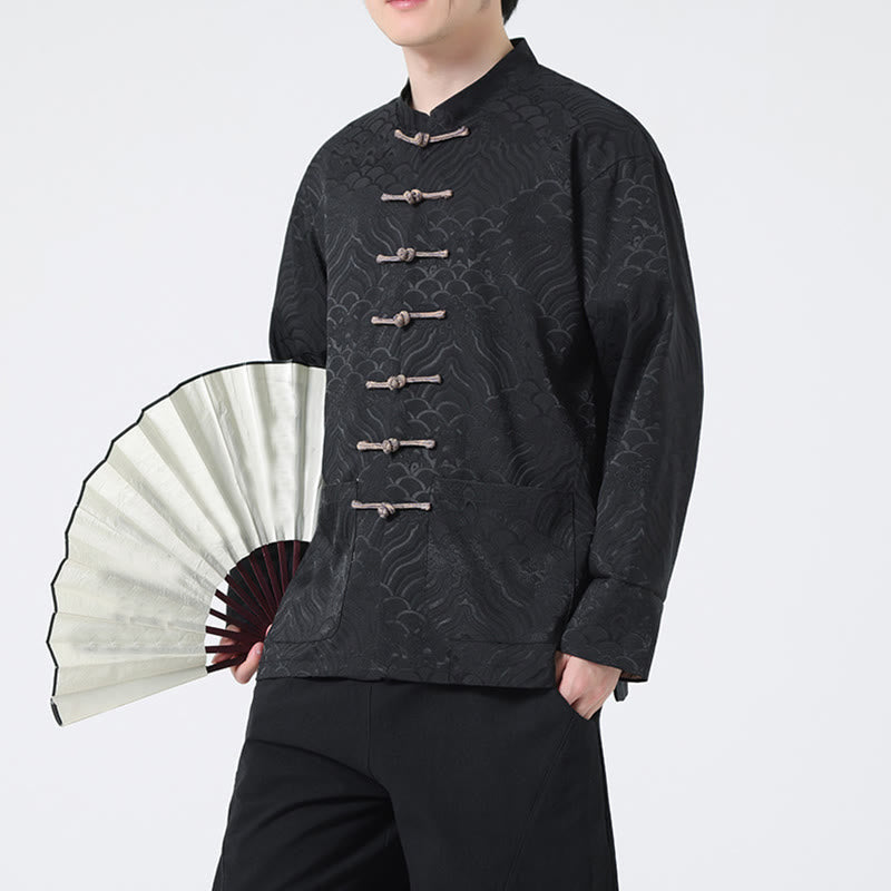 Chaqueta de algodón de manga larga para hombre con diseño de ondas de montaña y botones de Buddha Stones, con bolsillos - Negro - US/UK/AU46, EU56 (5XL) - image 9