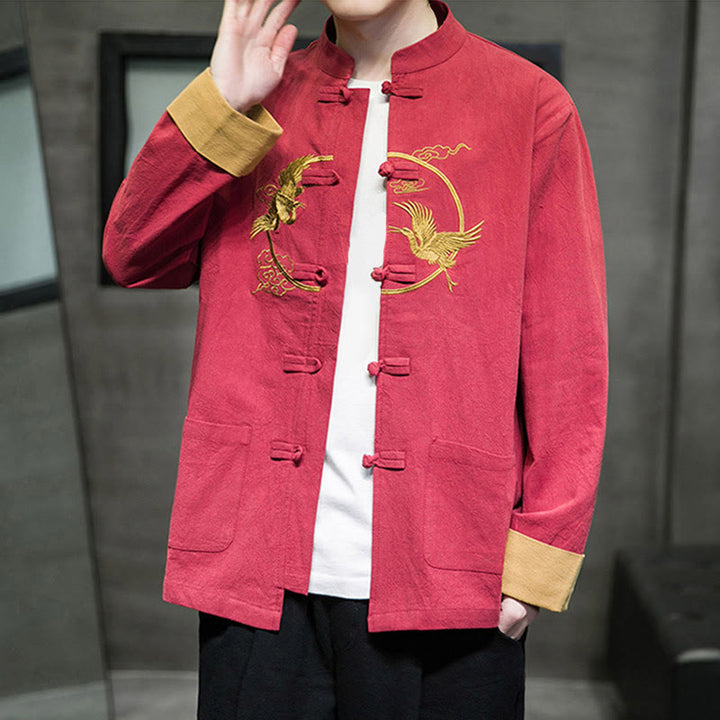 Chaqueta de algodón de manga larga para hombre con bordado de grullas y Buddha Stones , botones de rana y bolsillos - Carmesí - US/UK/AU46, EU56 (5XL) - image 0