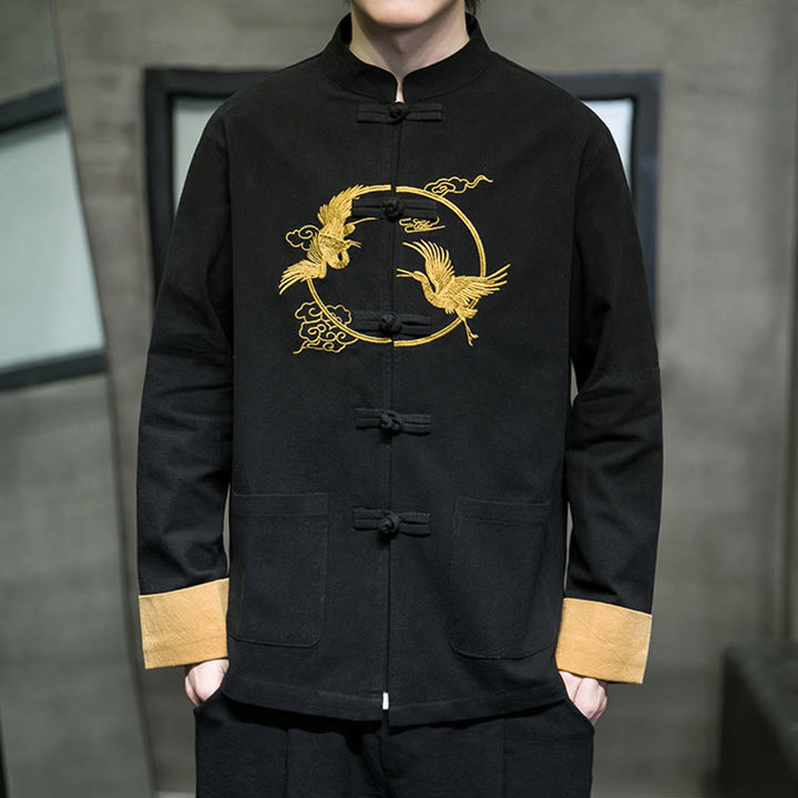Chaqueta de algodón de manga larga para hombre con bordado de grullas y Buddha Stones , botones de rana y bolsillos - Negro - US/UK/AU46, EU56 (5XL) - image 19