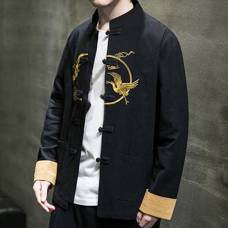 Chaqueta de algodón de manga larga para hombre con bordado de grullas y Buddha Stones , botones de rana y bolsillos - image 25