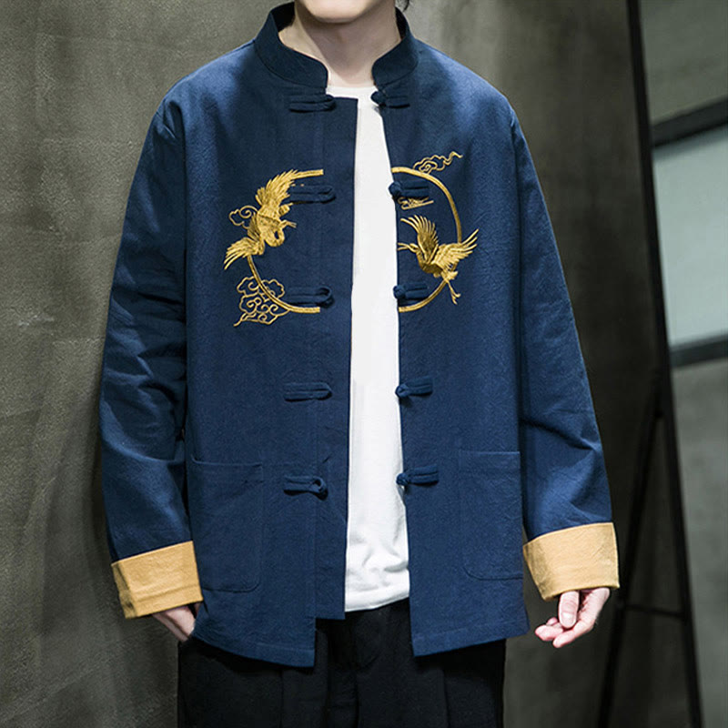 Chaqueta de algodón de manga larga para hombre con bordado de grullas y Buddha Stones , botones de rana y bolsillos - image 35