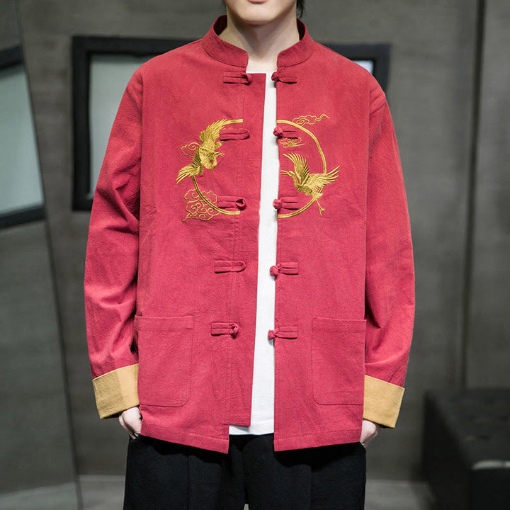 Chaqueta de algodón de manga larga para hombre con bordado de grullas y Buddha Stones , botones de rana y bolsillos - image 3