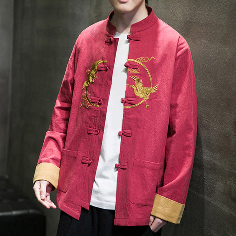 Chaqueta de algodón de manga larga para hombre con bordado de grullas y Buddha Stones , botones de rana y bolsillos - image 5