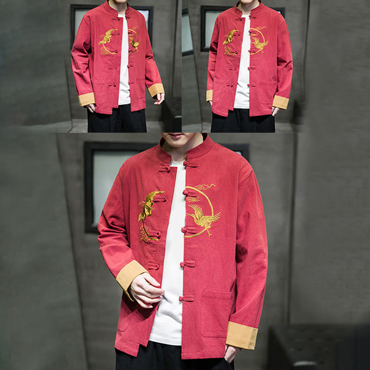 Chaqueta de algodón de manga larga para hombre con bordado de grullas y Buddha Stones , botones de rana y bolsillos - image 6