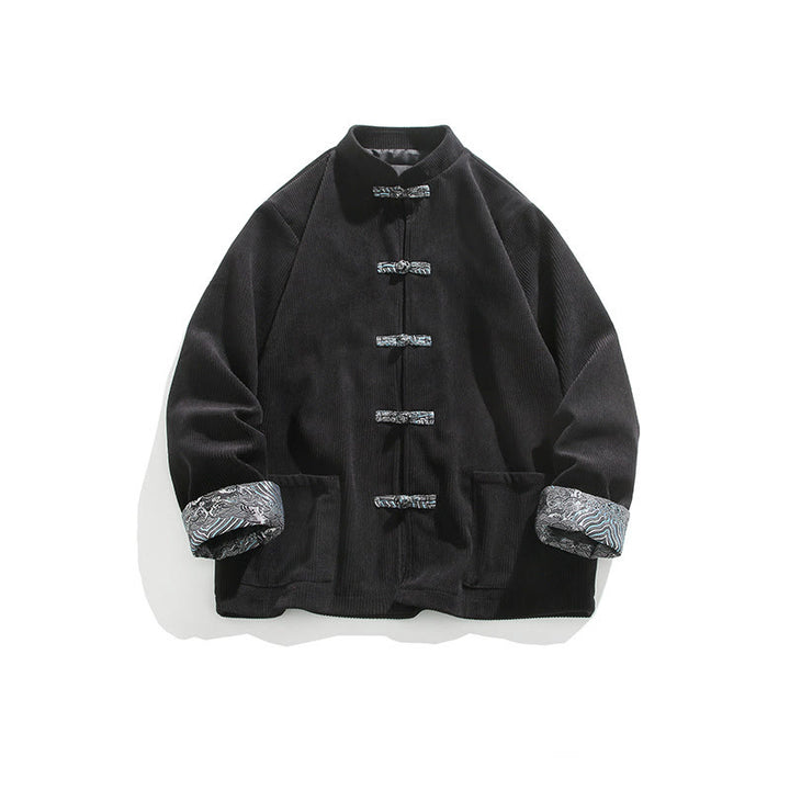 Chaqueta de pana de algodón de manga larga con botones de rana y jacquard de primavera para hombre con bolsillos y Buddha Stones - Negro - US/UK/AU46, EU56 (5XL) - image 10