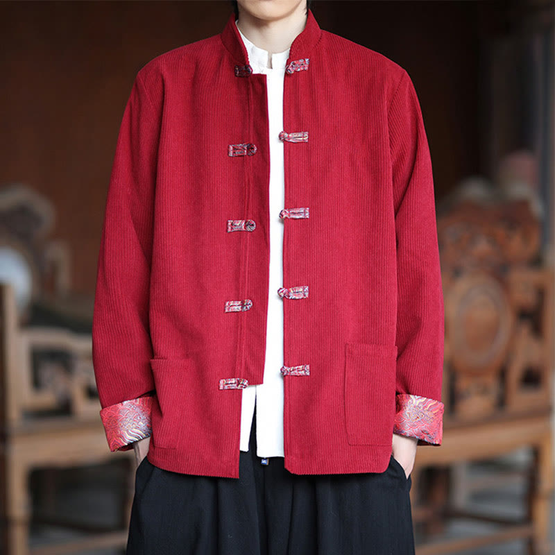 Chaqueta de pana de algodón de manga larga con botones de rana y jacquard de primavera para hombre con bolsillos y Buddha Stones - Carmesí - US/UK/AU46, EU56 (5XL) - image 0