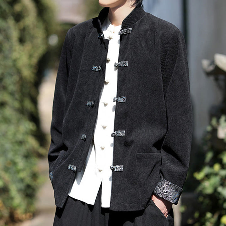 Chaqueta de pana de algodón de manga larga con botones de rana y jacquard de primavera para hombre con bolsillos y Buddha Stones - image 13