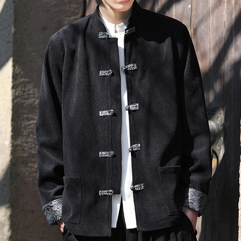 Chaqueta de pana de algodón de manga larga con botones de rana y jacquard de primavera para hombre con bolsillos y Buddha Stones - image 16