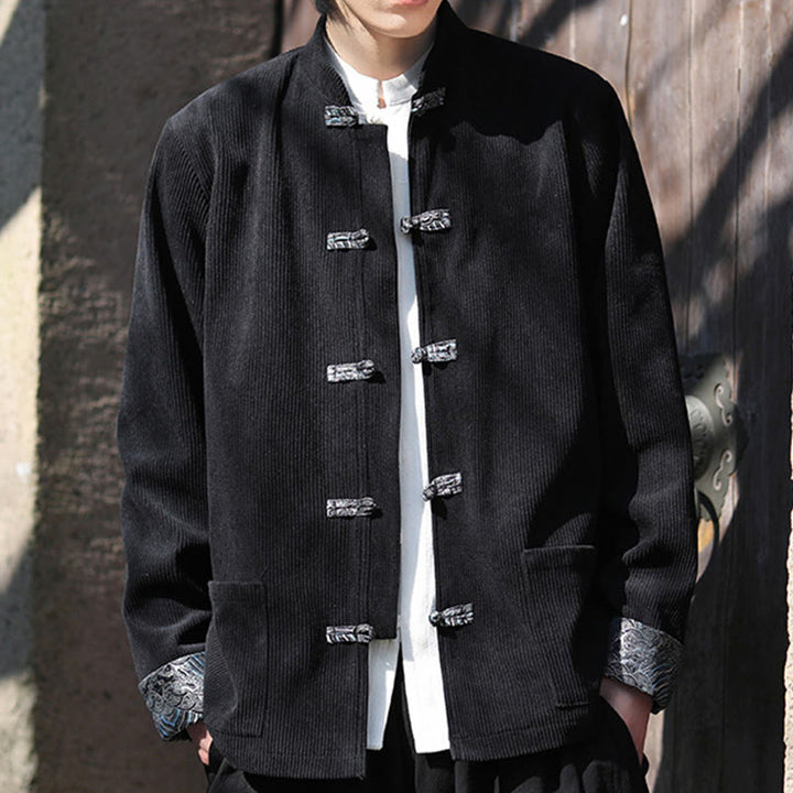 Chaqueta de pana de algodón de manga larga con botones de rana y jacquard de primavera para hombre con bolsillos y Buddha Stones - image 16