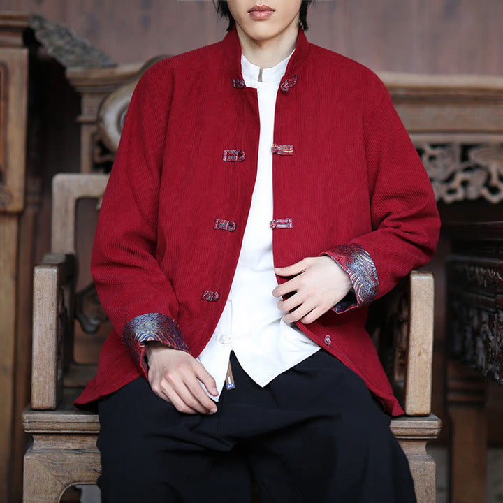 Chaqueta de pana de algodón de manga larga con botones de rana y jacquard de primavera para hombre con bolsillos y Buddha Stones - image 8