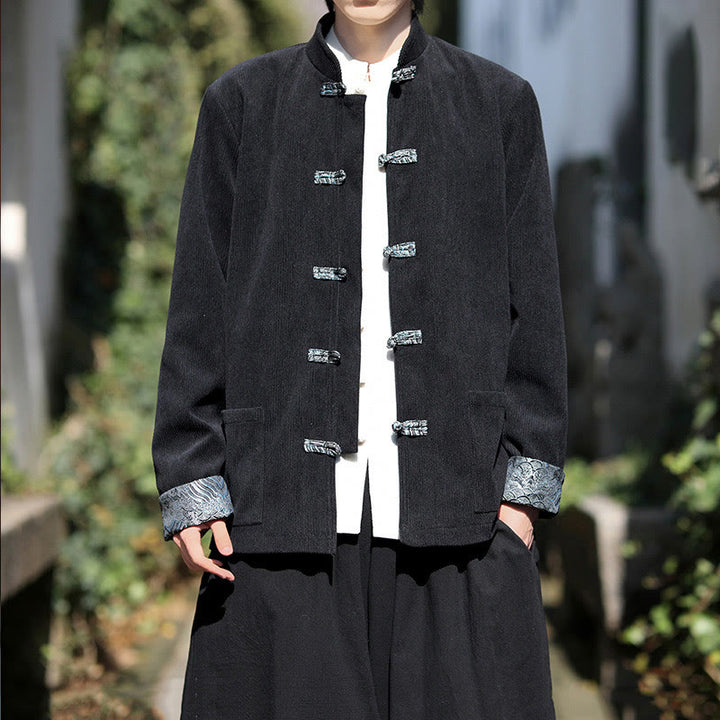 Chaqueta de pana de algodón de manga larga con botones de rana y jacquard de primavera para hombre con bolsillos y Buddha Stones - image 11