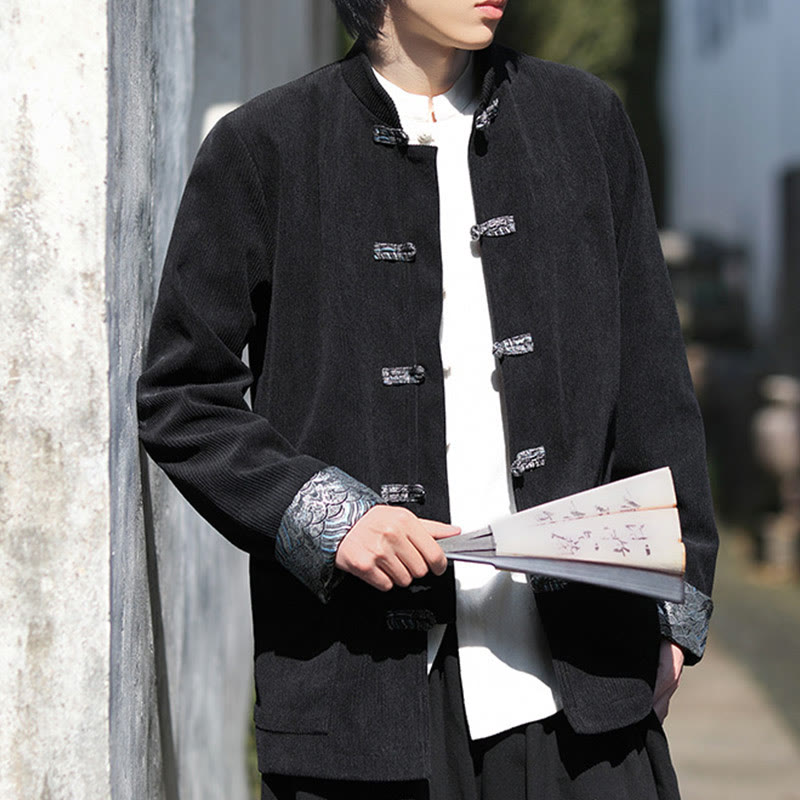 Chaqueta de pana de algodón de manga larga con botones de rana y jacquard de primavera para hombre con bolsillos y Buddha Stones - image 19