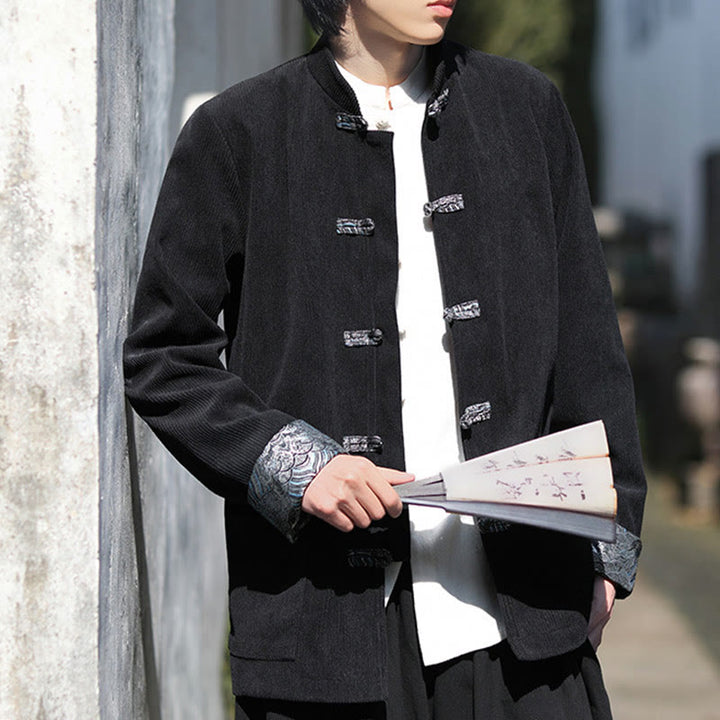 Chaqueta de pana de algodón de manga larga con botones de rana y jacquard de primavera para hombre con bolsillos y Buddha Stones - image 19