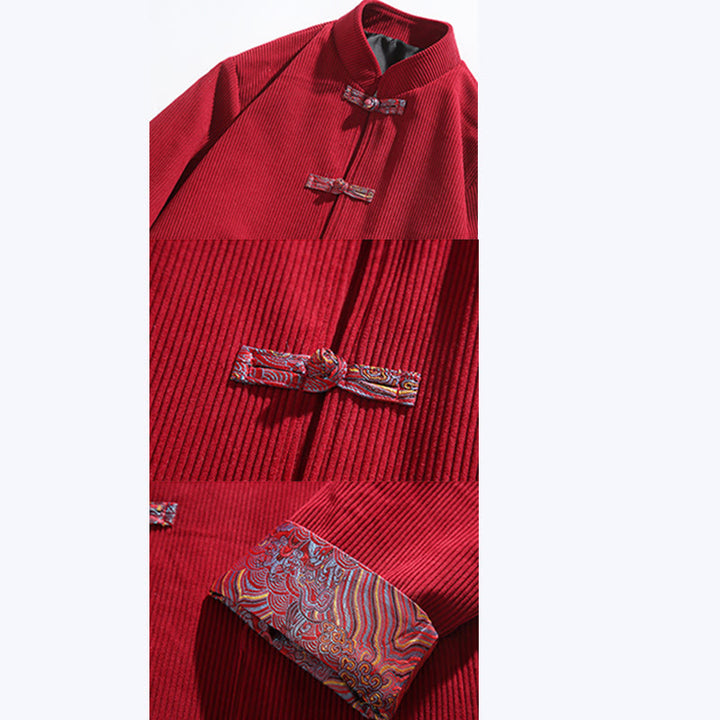 Chaqueta de pana de algodón de manga larga con botones de rana y jacquard de primavera para hombre con bolsillos y Buddha Stones - image 9