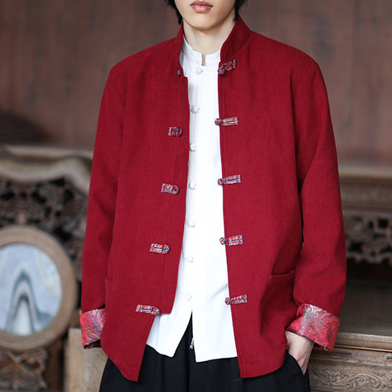 Chaqueta de pana de algodón de manga larga con botones de rana y jacquard de primavera para hombre con bolsillos y Buddha Stones - image 7