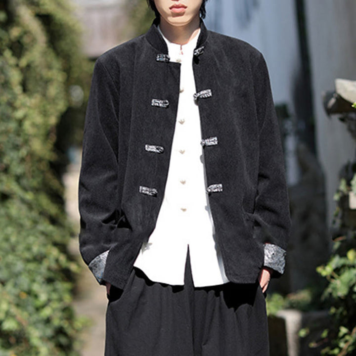 Chaqueta de pana de algodón de manga larga con botones de rana y jacquard de primavera para hombre con bolsillos y Buddha Stones - image 12