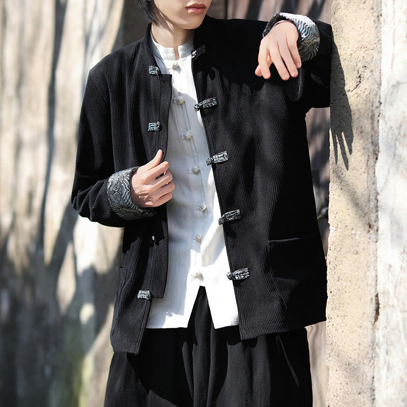 Chaqueta de pana de algodón de manga larga con botones de rana y jacquard de primavera para hombre con bolsillos y Buddha Stones - image 17