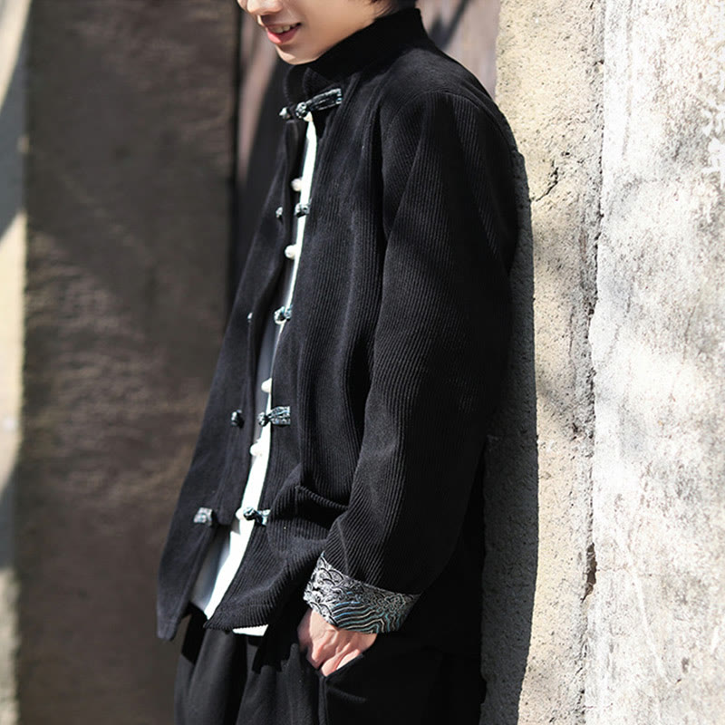 Chaqueta de pana de algodón de manga larga con botones de rana y jacquard de primavera para hombre con bolsillos y Buddha Stones - image 18