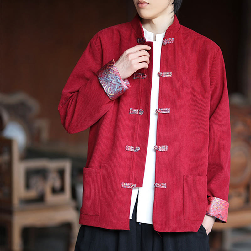 Chaqueta de pana de algodón de manga larga con botones de rana y jacquard de primavera para hombre con bolsillos y Buddha Stones - image 5