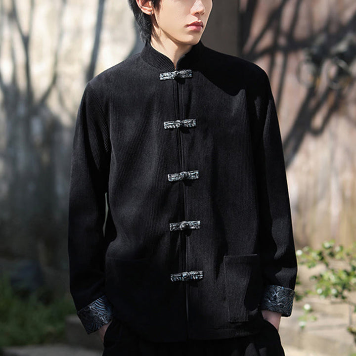 Chaqueta de pana de algodón de manga larga con botones de rana y jacquard de primavera para hombre con bolsillos y Buddha Stones - image 15