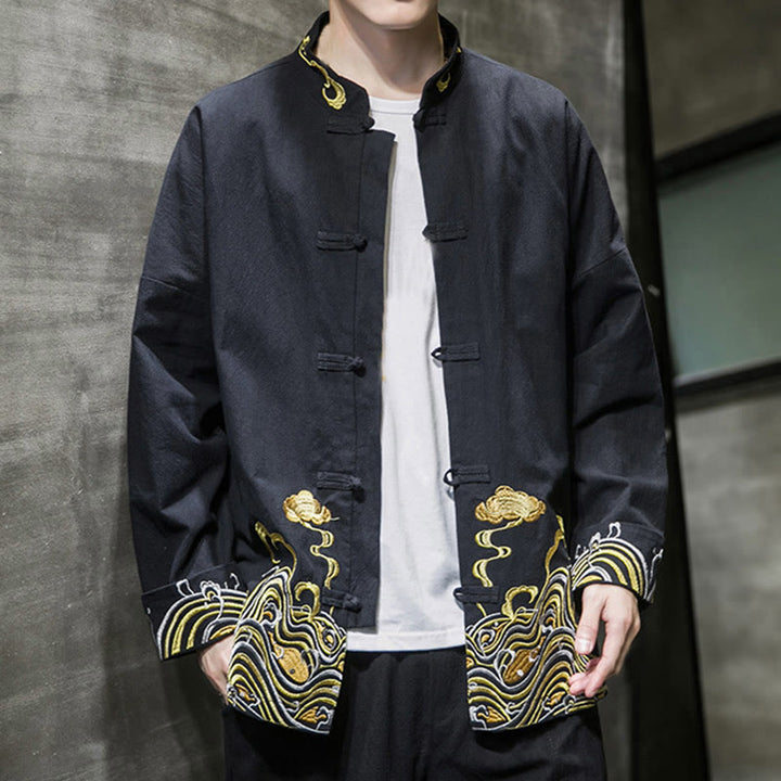 Chaqueta de traje Tang de algodón para hombre, de manga larga, con botones de rana y nubes bordadas con Buddha Stones - image 15
