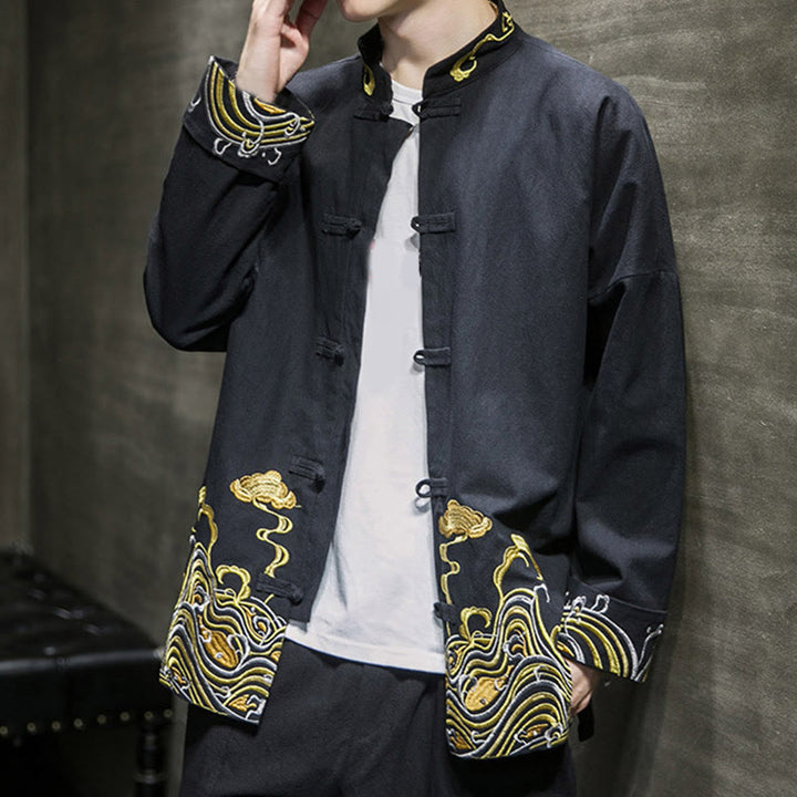 Chaqueta de traje Tang de algodón para hombre, de manga larga, con botones de rana y nubes bordadas con Buddha Stones - image 14