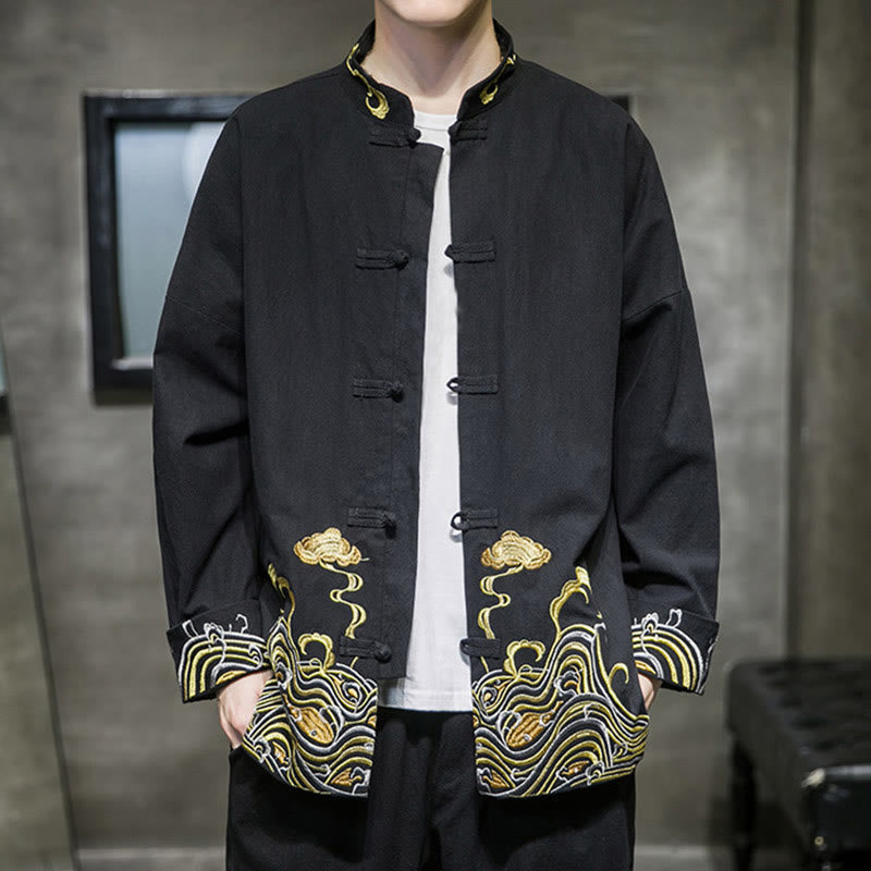 Chaqueta de traje Tang de algodón para hombre, de manga larga, con botones de rana y nubes bordadas con Buddha Stones - image 11