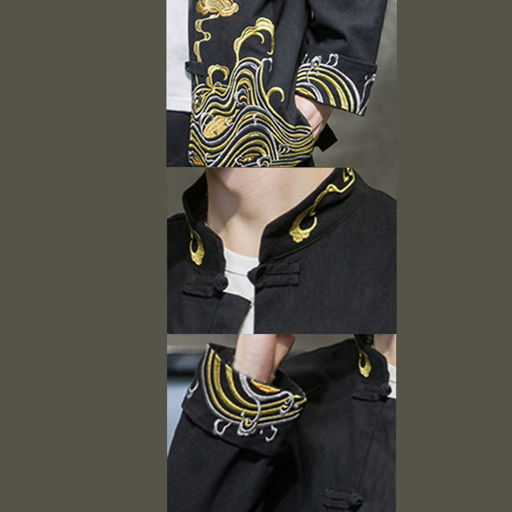Chaqueta de traje Tang de algodón para hombre, de manga larga, con botones de rana y nubes bordadas con Buddha Stones - image 18