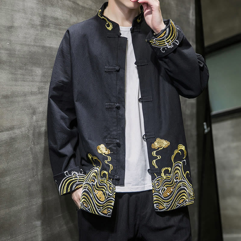 Chaqueta de traje Tang de algodón para hombre, de manga larga, con botones de rana y nubes bordadas con Buddha Stones - image 17